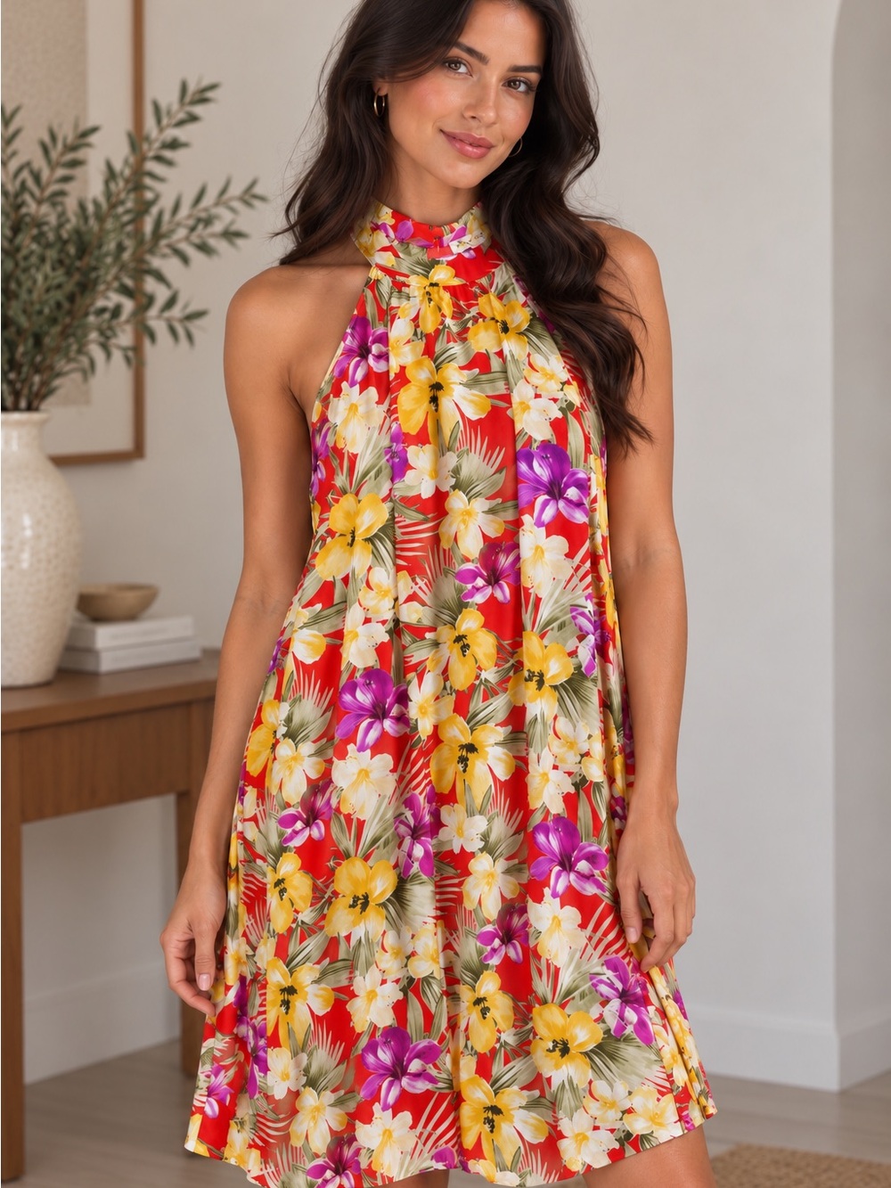 Nine West Red Halter Dress with Yellow & Purple Floral Print